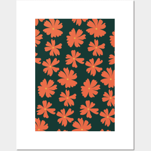 Retro Flowers Pattern Green Posters and Art